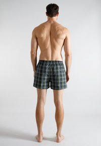 Bóxer de hombre a cuadros verdes, con cinturilla elástica y patrón de cuadros, hecho de tejido suave, visto desde la parte de atrás.