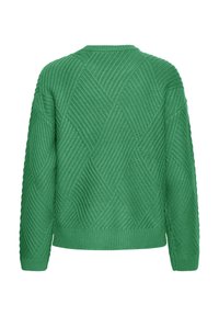 Cardigan verde tricotat, cu un model texturat în romb, guler rotund și tiv cu dublu răsucit. Mâneci lungi cu tiv drept.
