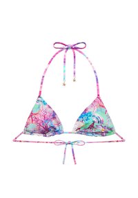 Dreieckiger Stoff-Bikini-Oberteil mit mehrfarbigen Muschel- und Korallenmustern, verstellbaren Bändern und goldenen Stern-Akzenten an den Trägern.