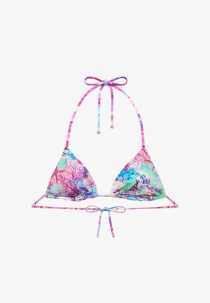Top de bikini triangular din material textil, cu modele colorate de scoici și corali, cu șnururi ajustabile și accente aurii în formă de stea pe bretele.