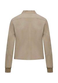 Giacca leggera beige con colletto, maniche lunghe, polsini a coste e una texture liscia. La parte posteriore presenta dettagli di cucitura minimi.