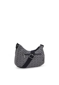 Borsa hobo in tessuto grigio con motivo geometrico. Dotata di una tracolla nera regolabile e di una tasca con zip frontale con tirazip in tonalità argento.