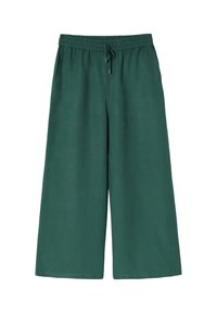 Wijde groene broek gemaakt van zacht materiaal, met een elastische tailleband en een trekkoord, evenals zijzakken. Soepele textuur en eenvoudig ontwerp.