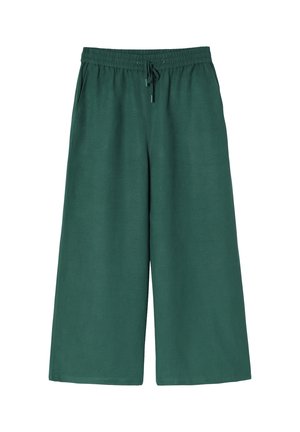 Wide-leg green pants made from soft fabric, featuring an elastic waistband with a drawstring and side pockets. Smooth texture and simple design.