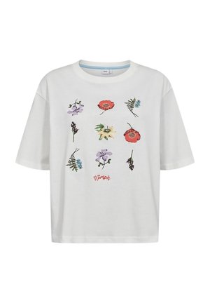Camiseta blanca de manga corta con flores multicolores bordadas dispuestas en tres filas y texto "Nümph" debajo de la flor central.