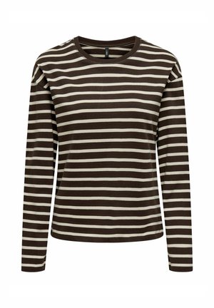 Chemise à manches longues à rayures horizontales marron et beige avec un col rond, une coupe légèrement ample et un ourlet régulier.