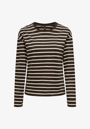 Chemise à manches longues à rayures horizontales marron et beige avec un col rond, une coupe légèrement ample et un ourlet régulier.