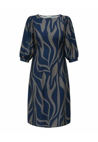 Vestido azul marino con un patrón beige ondulado, mangas abullonadas, escote redondo y una silueta fluida. Tejido texturizado.