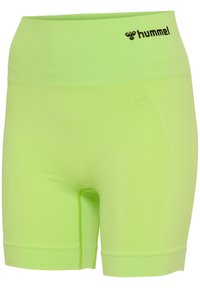 Hummel damernas träningsshorts i klargrön, med hög midja, slät tyg och kontrasterande svart logotyp på framsidan.