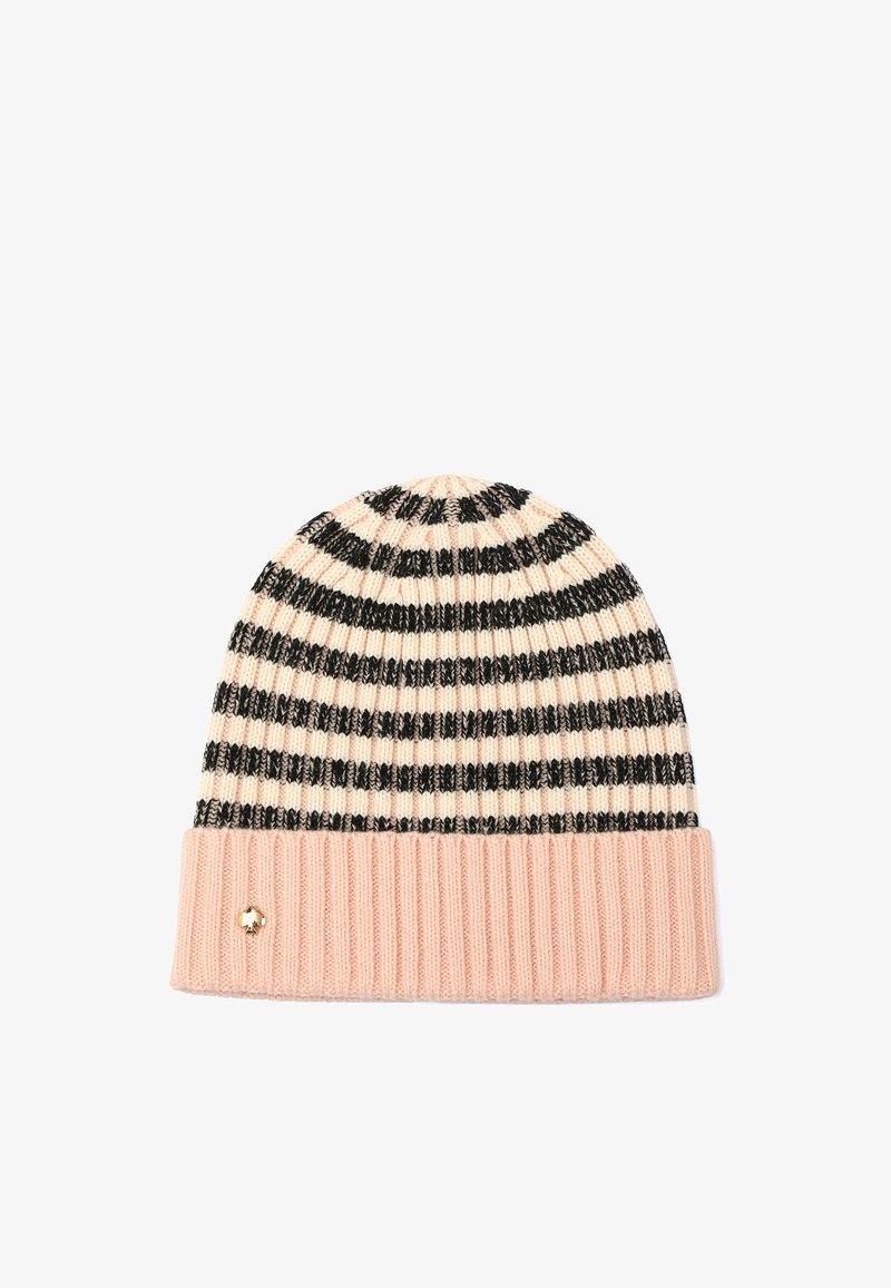 Berretto a maglia a righe in crema e nero con una fascia a coste rosa. Presenta un piccolo accento metallico sul lato. Morbido al tatto.