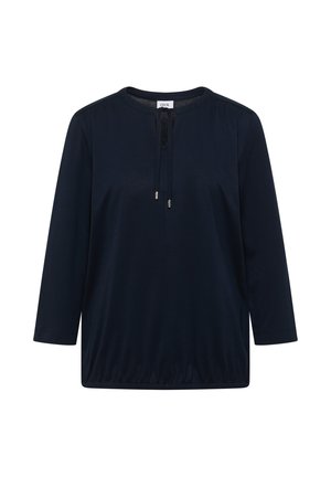 Navy blue pullover top in soft cotton blend, featuring a round neckline, three-quarter sleeves, and adjustable drawstring with metallic accents.
