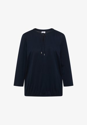 Navy blue pullover top in soft cotton blend, featuring a round neckline, three-quarter sleeves, and adjustable drawstring with metallic accents.
