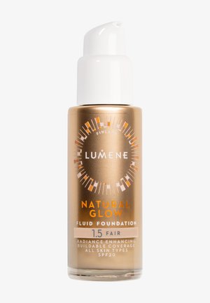 Flacon de fond de teint fluide Lumene Natural Glow avec pompe, teinte 1.5 Clair, illuminateur, couvrance modulable, SPF 20, adapté à tous les types de peau.