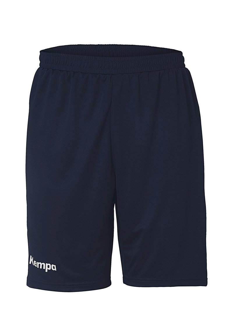 Marineblauwe sportshorts gemaakt van lichtgewicht stof met een elastische tailleband, voorzien van het witte "Kempa" logo op het linkerbeen.