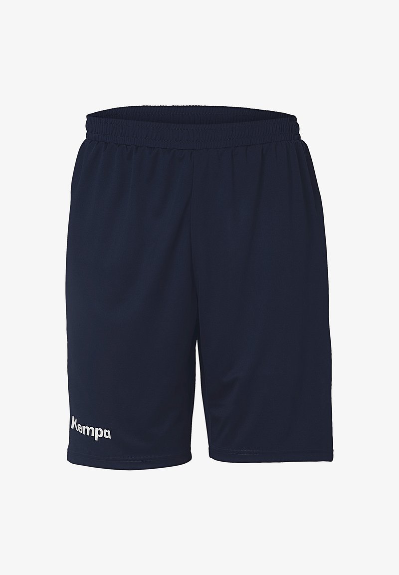 Marine atletikshorts lavet af letvægtsstof med en elastisk talje, der har det hvide "Kempa" logo på venstre ben.