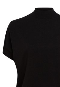 Black short-sleeve turtleneck top made of a fine knit fabric. Features a fitted design with a smooth texture and subtle sheen.