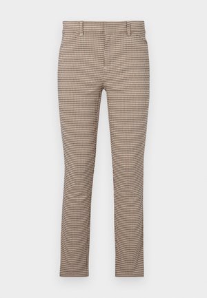 Beige housut tarkistettuna slim-fit -mallilla, joissa on pieni ruutukuvio, sivutaskut ja litteä etuosasuunnittelu. Suora kankaan rakenne.
