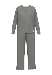 Graues Freizeitkleidungsset bestehend aus einem langärmligen Oberteil mit dem Schriftzug "sparkle" und locker sitzenden Hosen, beide mit einem gewellten Saum und weicher Stoffstruktur.