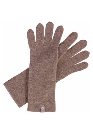 Brown knitted gloves with a textured finish, featuring five fingers and a ribbed cuff. Includes a small logo tag on one wrist.