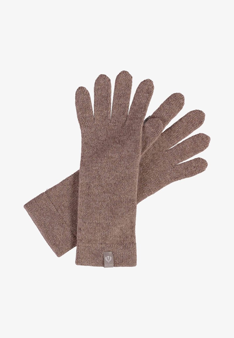 Braune gestrickte Handschuhe mit strukturiertem Finish, fünf Fingern und einem gerippten Bündchen. Enthält ein kleines Logo-Tag an einem Handgelenk.