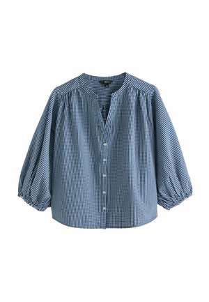 Blauw-witte geruite blouse met lange pofmouwen, knoopsluiting aan de voorkant en een kleine ronde halslijn.