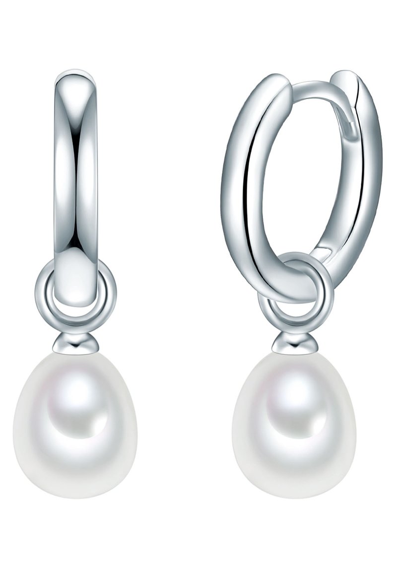 Sidabrinės warelių auskarai su kabančia balta perle. Perliukai turi lygią, blizgančią paviršių. Metalas atrodo poliruotas ir blizgus.