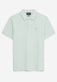 Ljusgrön polo skjorta i bomull. Har krage, två knappar och en liten broderad logotyp på bröstet. Mjuk textur.