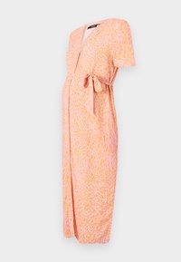 Pink and orange wrap dress with short sleeves, featuring a textured swirl pattern and a tie at the waist for adjustable fit.