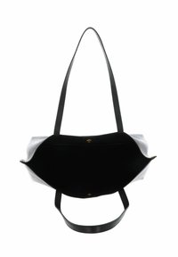 Borsa tote grande con un esterno grigio texturizzato e un interno nero liscio, dotata di doppi manici neri e chiusura a scatto magnetico.