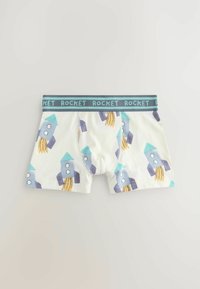 Chlapčenské boxerky z mäkkého bavlneného materiálu s bielym základom, na ktorom sa nachádza vzor rakiet v modrej a žltej farbe. Elastický pas s nápisom "ROKETA".