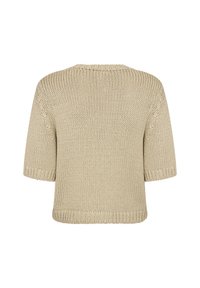 Pull en maille beige à manches courtes, col rond, tissu texturé et bords côtelés, présentant une coupe ample et surdimensionnée.