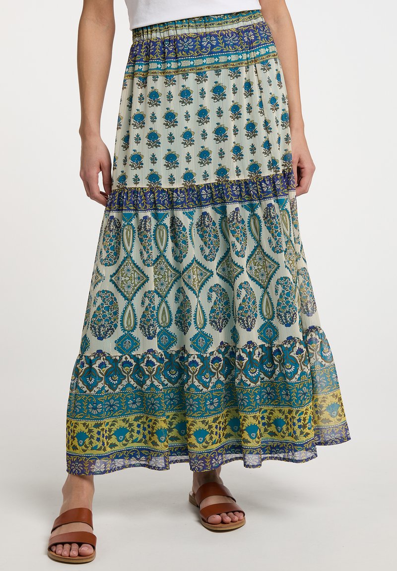 Maxi-rok met een multicolore bloeiende en geometrische print, met een gelaagde ontwerp, elastische tailleband en doorschijnende stof.