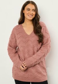 Maglione rosa a v con texture, con motivo a chevron, maniche lunghe e polsini a coste, realizzato in un morbido e accogliente tessuto a maglia.
