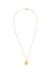 Guldtonet kædelykke med en tekstureret cirkulær vedhæng og en lodret stangcharme, der har et delikat linkedesign.