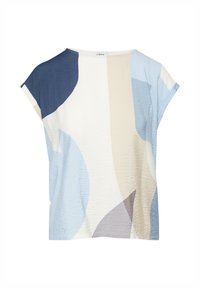 Kortærmet top med løs pasform, lavet af letvægtsstof i lyseblå, beige og marineblå abstrakte mønstre med en krøllet tekstur.