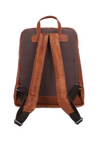 Rucksack mit braunen Lederträgern und -akzenten, aus dunklem Canvas. Enthält einen oberen Griff und verstellbare Schulterriemen.