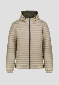Veste rembourrée beige avec une fermeture éclaire à l'avant, une capuche et des poignets élastiques. Comprend des sections matelassées horizontales et une doublure intérieure contrastante.