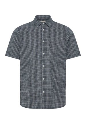 Cămașă cu nasturi cu mâneci scurte, cu model în carouri gri, albastru și alb și guler clasic, prezentată pe un fundal alb.