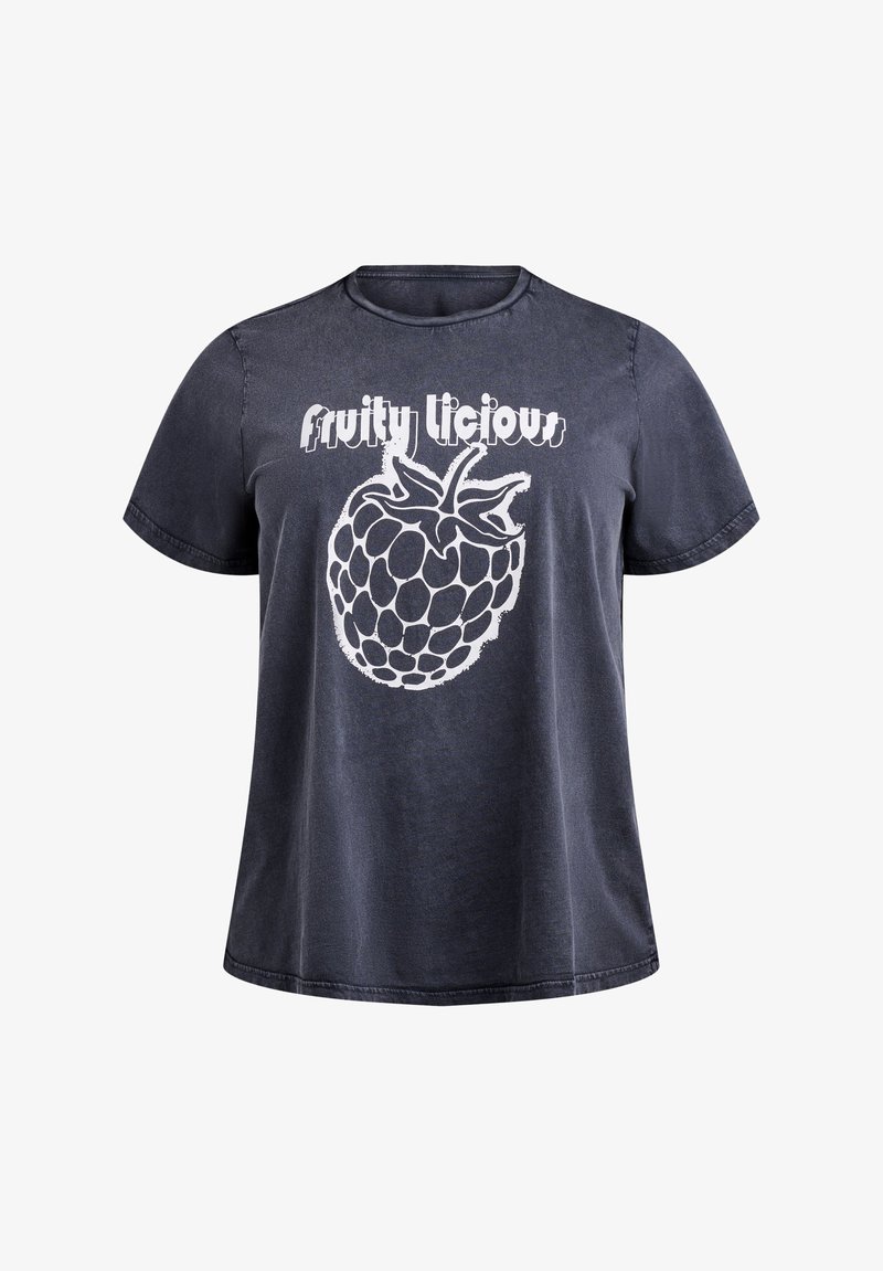 Korte mouwen, antraciet T-shirt van zachte katoen. Bevat een witte frambozenafbeelding en de tekst "fruity licious" in een speelse lettertype.