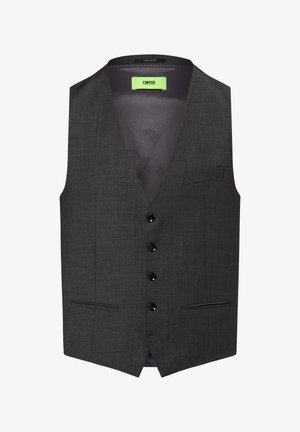 Dunkelgraue Herrenweste mit fünf schwarzen Knöpfen, drei Vordertaschen und einem neon-grünen Markenlabel im inneren Kragen.
