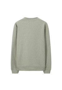 Lichtgrijze langemouwen crewneck trui weergegeven vanuit de achterkant met ribgebreide boorden en zoom.