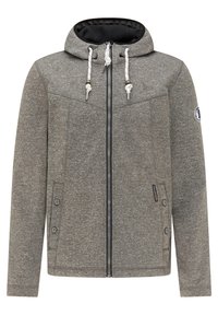 Sweat à capuche zippé gris à finition texturée, doublure noire, capuche ajustable avec cordon, et deux poches avant avec fermeture pression.