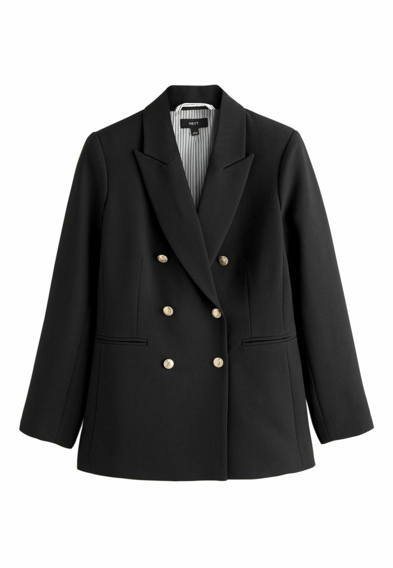 Sort dobbeltbrystet blazer med guldknapper, klippede reverser og sidelommer. Har en stribet indvendig foring og en struktureret silhuet.
