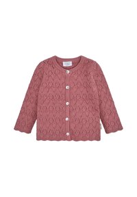Rosa gestrickte Babykardigan mit Blattmuster, fünf weißen Knöpfen vorne und langen Ärmeln.