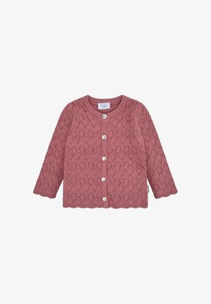 Cardigan per neonati a maglia rosa con motivo a foglia, cinque bottoni bianchi lungo la parte anteriore e maniche lunghe.