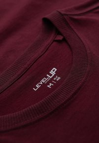 Burgundské tričko s kulatým výstřihem a žebrovaným límcem. Na límci je text s názvem značky "LEVELUP", velikostí "M" a evropskou velikostí "48."