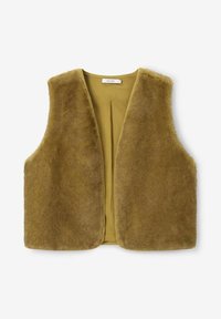 Gilet en fausse fourrure olive avec un décolleté en V profond, à l'avant ouvert et sans manches. Texture douce avec une doublure intérieure lisse.