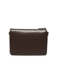 Borsa a mano in pelle marrone con texture liscia, forma rettangolare, chiusura con cerniera superiore e design minimalista. Nessun hardware visibile o motivi.