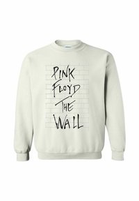 Sudadera gris claro con un gráfico de pared de ladrillo que muestra "PINK FLOYD THE WALL" en texto negro en negrita. Cuello redondo y mangas largas.
