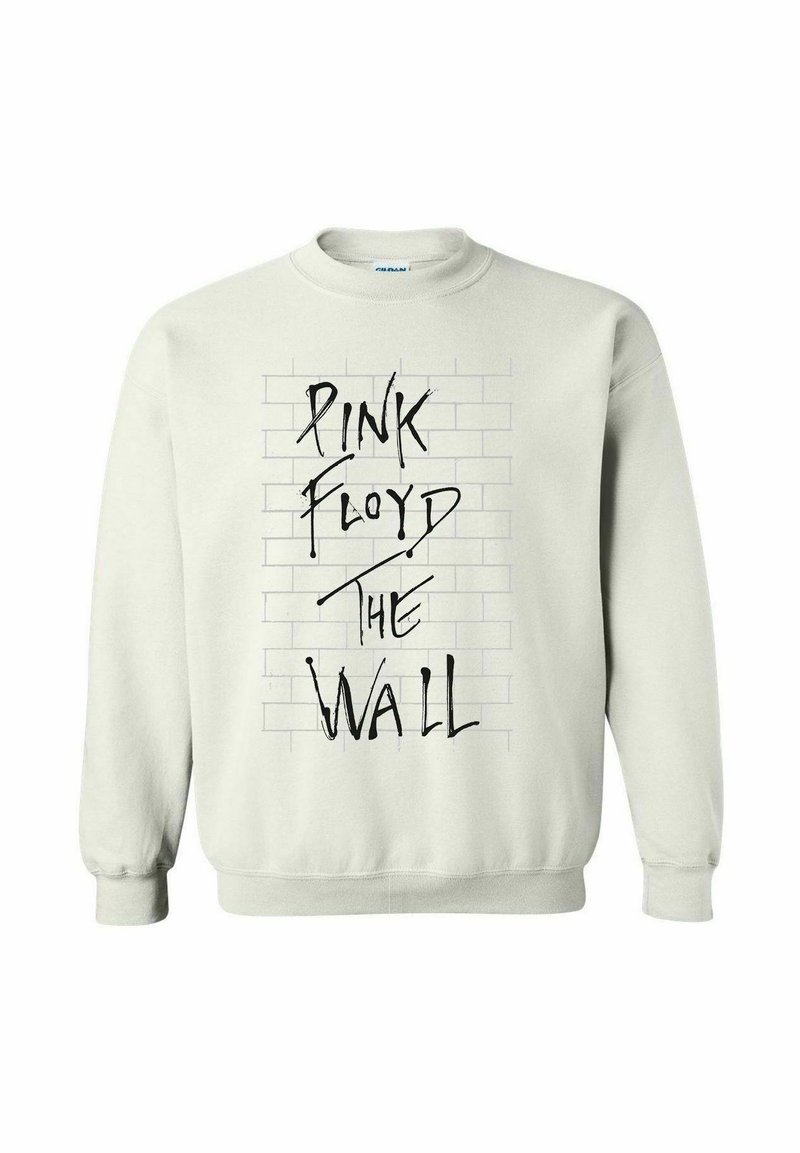Sudadera gris claro con un gráfico de pared de ladrillo que muestra "PINK FLOYD THE WALL" en texto negro en negrita. Cuello redondo y mangas largas.